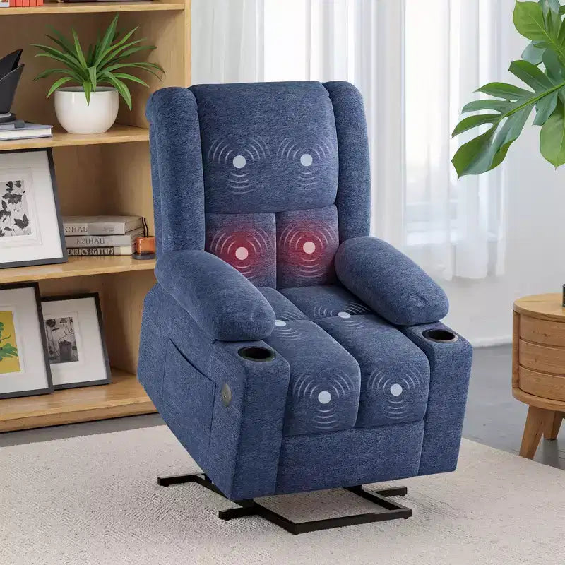 Fauteuil inclinable électrique MAYEERTY Blue Power Lift avec massage, chauffage, ports USB et porte-gobelets pour le confort des seniors