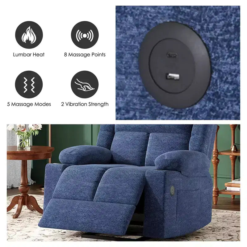 Fauteuil inclinable électrique MAYEERTY Blue Power Lift avec massage, chauffage, ports USB et porte-gobelets pour le confort des seniors