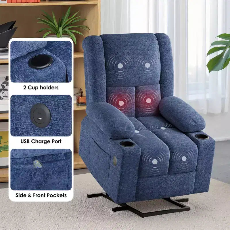 Fauteuil inclinable électrique MAYEERTY Blue Power Lift avec massage, chauffage, ports USB et porte-gobelets pour le confort des seniors