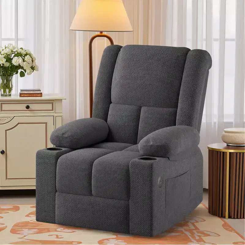 Fauteuil inclinable électrique MAYEERTY gris avec massage, chauffage, ports USB et porte-gobelets pour le confort des personnes âgées