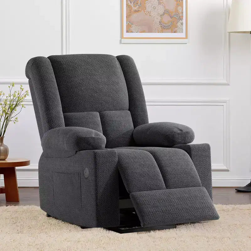 Fauteuil inclinable électrique MAYEERTY gris avec massage, chauffage, ports USB et porte-gobelets pour le confort des personnes âgées