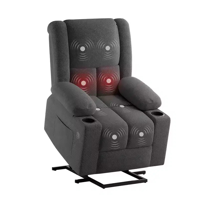 Fauteuil inclinable électrique MAYEERTY gris avec massage, chauffage, ports USB et porte-gobelets pour le confort des personnes âgées