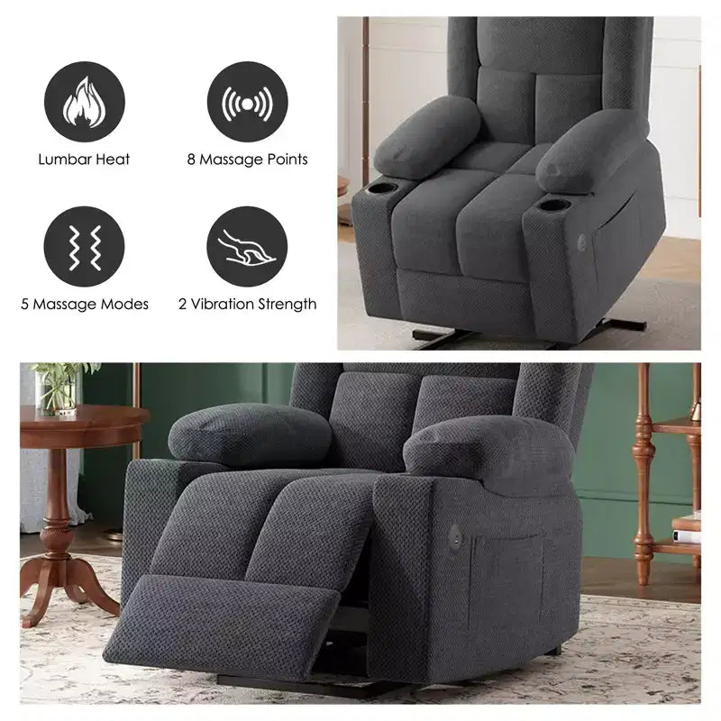 Fauteuil inclinable électrique MAYEERTY gris avec massage, chauffage, ports USB et porte-gobelets pour le confort des personnes âgées
