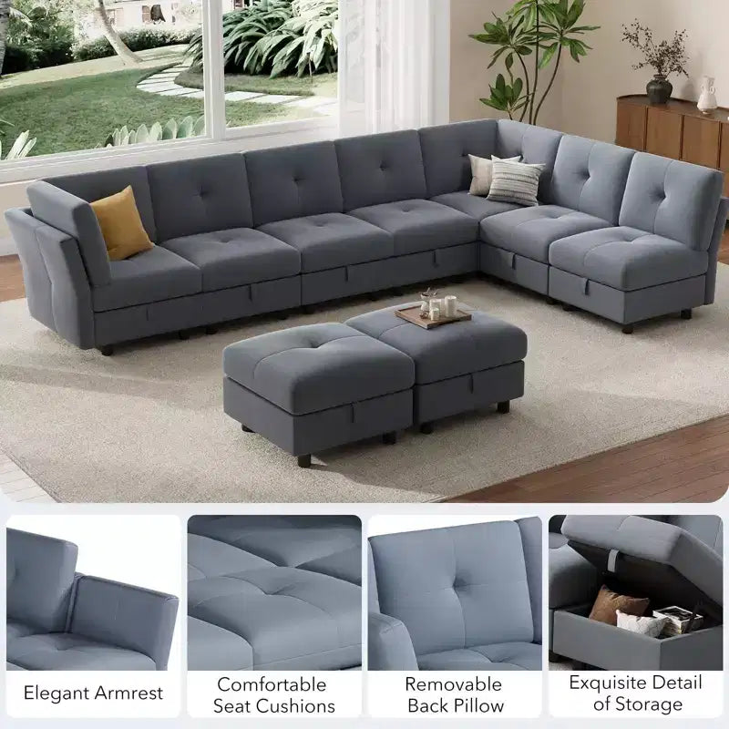 GustoWave Canapé modulable 9 places, canapé nuage avec assise profonde et méridienne réversible, canapé d'angle en chenille avec rangement