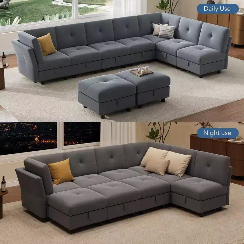 GustoWave Canapé modulable 9 places, canapé nuage avec assise profonde et méridienne réversible, canapé d'angle en chenille avec rangement