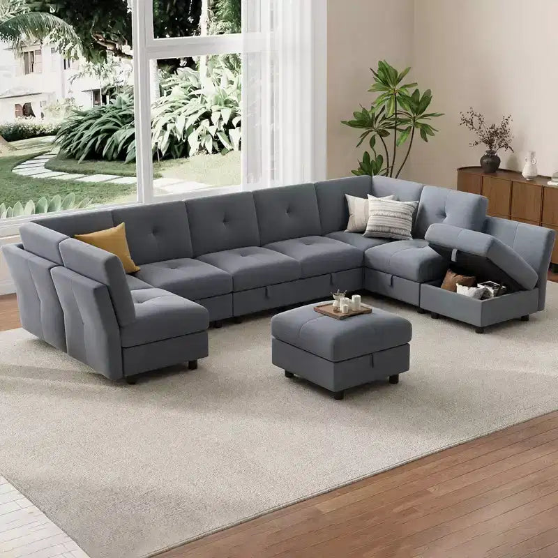 GustoWave Canapé modulable 9 places, canapé nuage avec assise profonde et méridienne réversible, canapé d'angle en chenille avec rangement