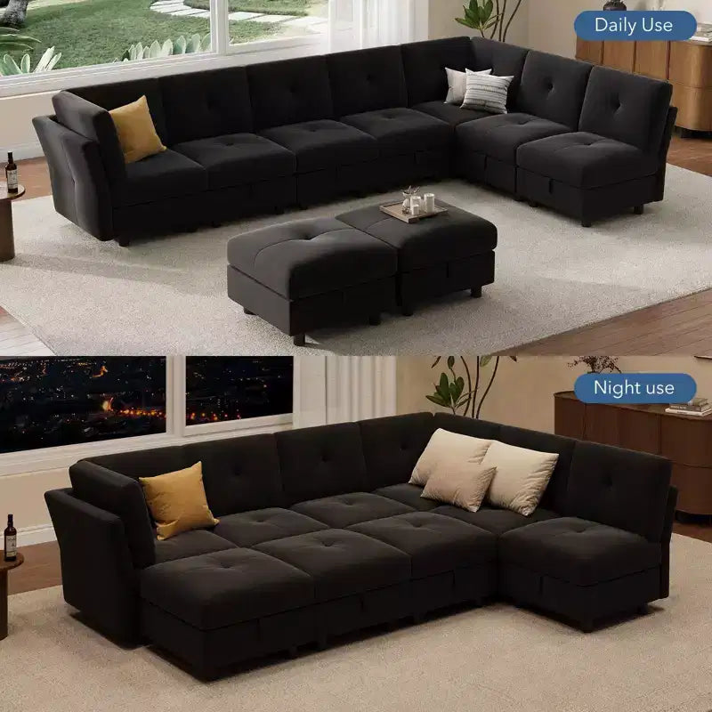 GustoWave Canapé modulable 9 places, canapé nuage avec assise profonde et méridienne réversible, canapé d'angle en chenille avec rangement