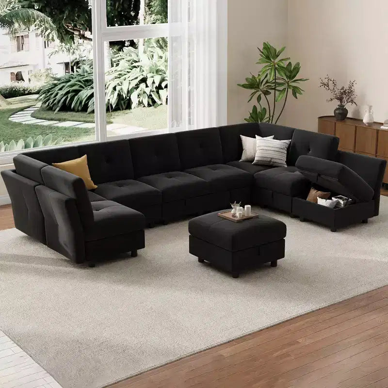 GustoWave Canapé modulable 9 places, canapé nuage avec assise profonde et méridienne réversible, canapé d'angle en chenille avec rangement