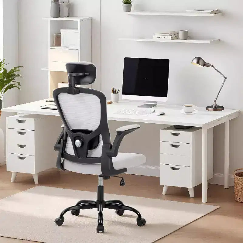 Chaise de bureau ergonomique gris foncé avec appui-tête et support lombaire réglables - Accoudoirs relevables, chaise de bureau en maille à roulettes pour bureau, étude, chambre à coucher