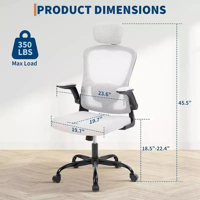 Chaise de bureau ergonomique gris foncé avec appui-tête et support lombaire réglables - Accoudoirs relevables, chaise de bureau en maille à roulettes pour bureau, étude, chambre à coucher