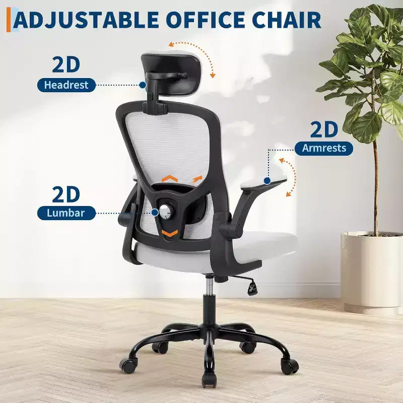 Chaise de bureau ergonomique gris foncé avec appui-tête et support lombaire réglables - Accoudoirs relevables, chaise de bureau en maille à roulettes pour bureau, étude, chambre à coucher