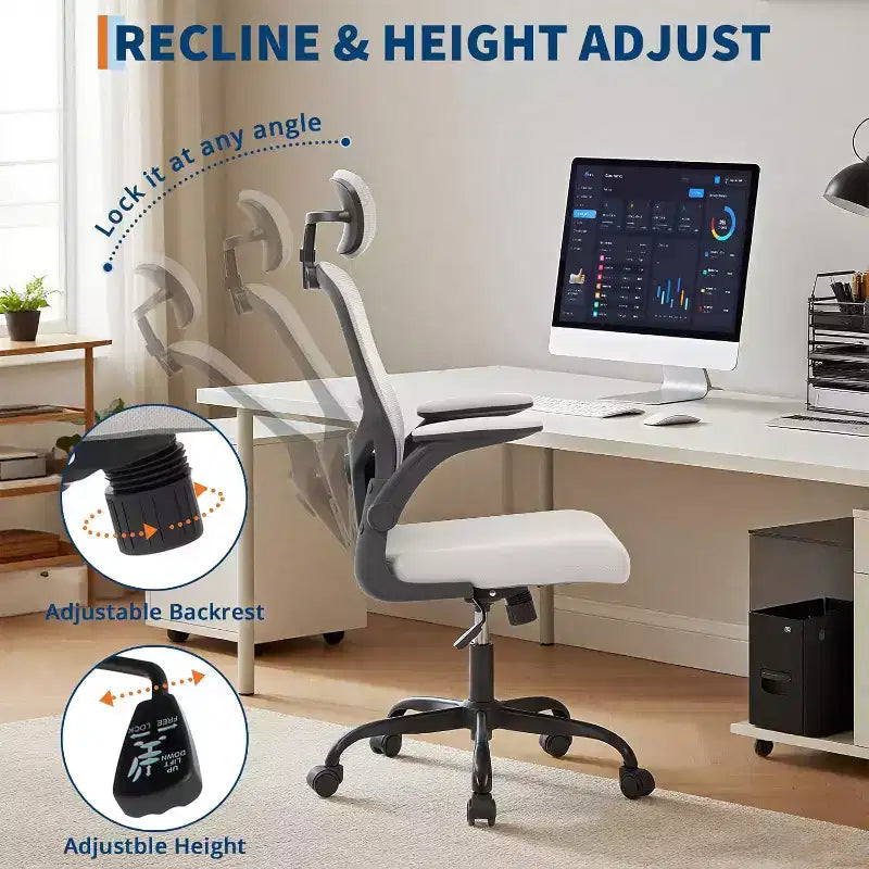 Chaise de bureau ergonomique gris foncé avec appui-tête et support lombaire réglables - Accoudoirs relevables, chaise de bureau en maille à roulettes pour bureau, étude, chambre à coucher