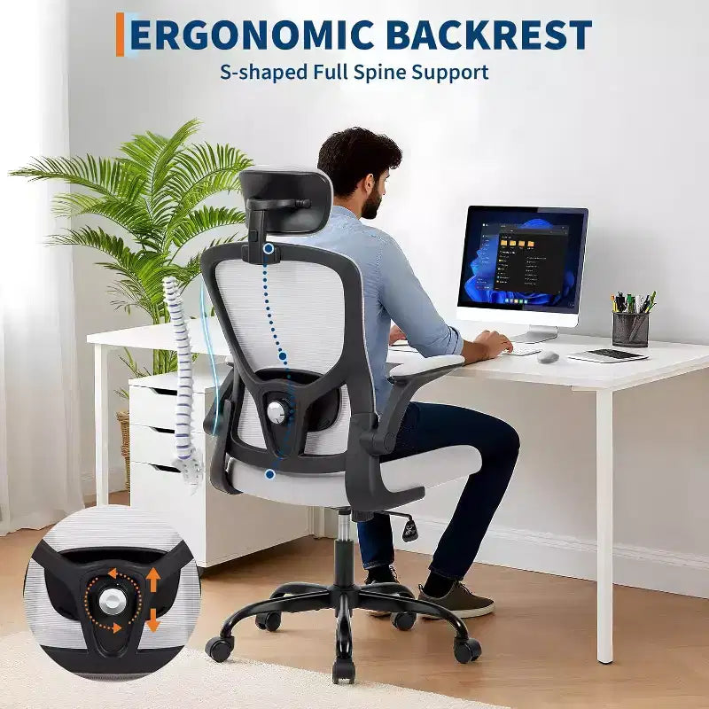 Chaise de bureau ergonomique gris foncé avec appui-tête et support lombaire réglables - Accoudoirs relevables, chaise de bureau en maille à roulettes pour bureau, étude, chambre à coucher