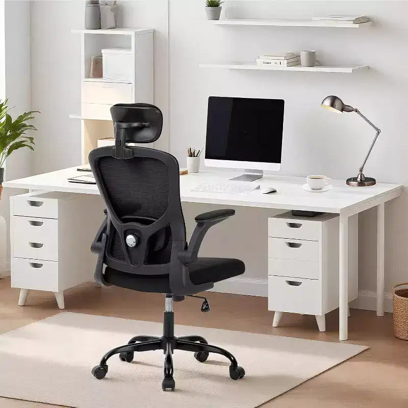 Chaise de bureau ergonomique gris foncé avec appui-tête et support lombaire réglables - Accoudoirs relevables, chaise de bureau en maille à roulettes pour bureau, étude, chambre à coucher