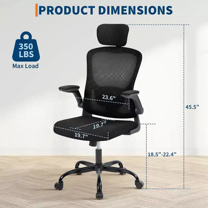 Chaise de bureau ergonomique gris foncé avec appui-tête et support lombaire réglables - Accoudoirs relevables, chaise de bureau en maille à roulettes pour bureau, étude, chambre à coucher