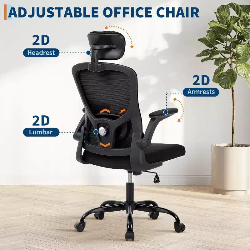 Chaise de bureau ergonomique gris foncé avec appui-tête et support lombaire réglables - Accoudoirs relevables, chaise de bureau en maille à roulettes pour bureau, étude, chambre à coucher