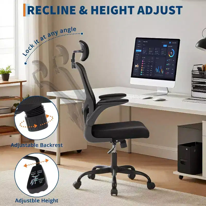 Chaise de bureau ergonomique gris foncé avec appui-tête et support lombaire réglables - Accoudoirs relevables, chaise de bureau en maille à roulettes pour bureau, étude, chambre à coucher