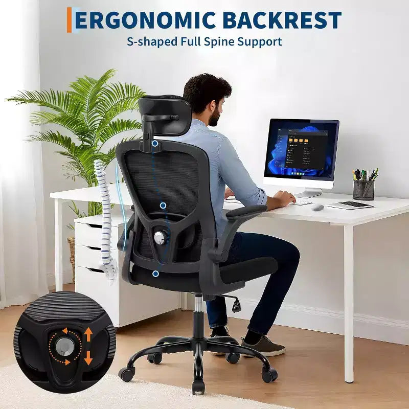 Chaise de bureau ergonomique gris foncé avec appui-tête et support lombaire réglables - Accoudoirs relevables, chaise de bureau en maille à roulettes pour bureau, étude, chambre à coucher