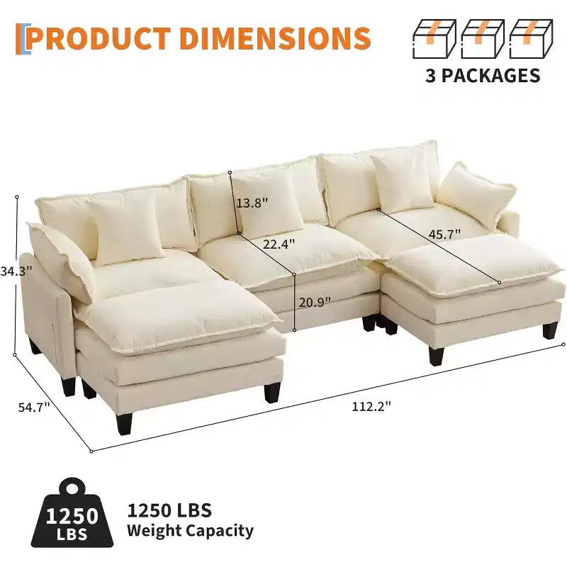 Canapé moderne modulaire en forme de L de 112 pouces, canapé nuage avec ottomane, ensemble combiné en chenille à 3 places avec 1 repose-pieds pour la maison