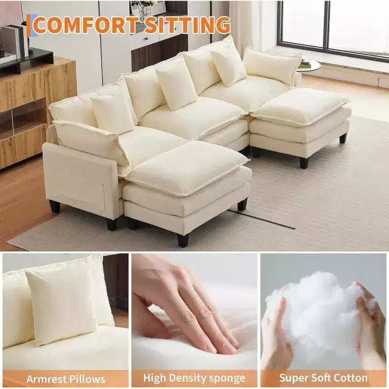 Canapé moderne modulaire en forme de L de 112 pouces, canapé nuage avec ottomane, ensemble combiné en chenille à 3 places avec 1 repose-pieds pour la maison