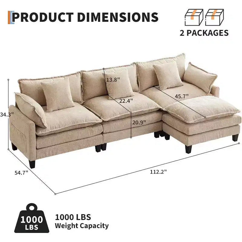 Canapé moderne modulaire en forme de L de 112 pouces, canapé nuage avec ottomane, ensemble combiné en chenille à 3 places avec 1 repose-pieds pour la maison