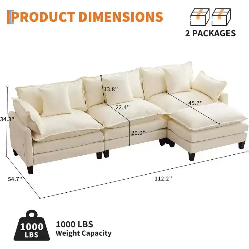 Canapé moderne modulaire en forme de L de 112 pouces, canapé nuage avec ottomane, ensemble combiné en chenille à 3 places avec 1 repose-pieds pour la maison