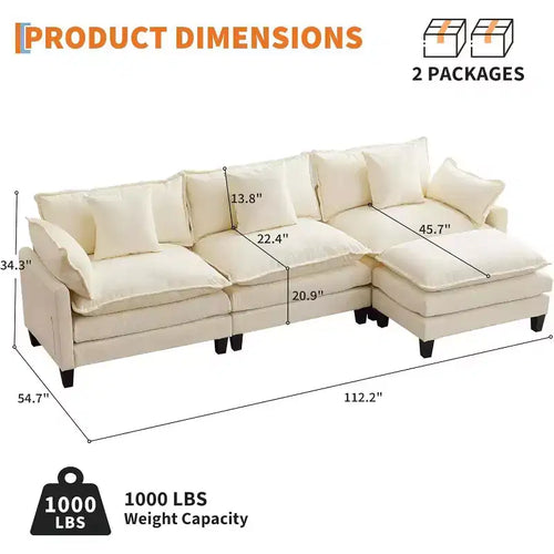 Canapé moderne modulaire en forme de L de 112 pouces, canapé nuage avec ottomane, ensemble combiné en chenille à 3 places avec 1 repose-pieds pour la maison