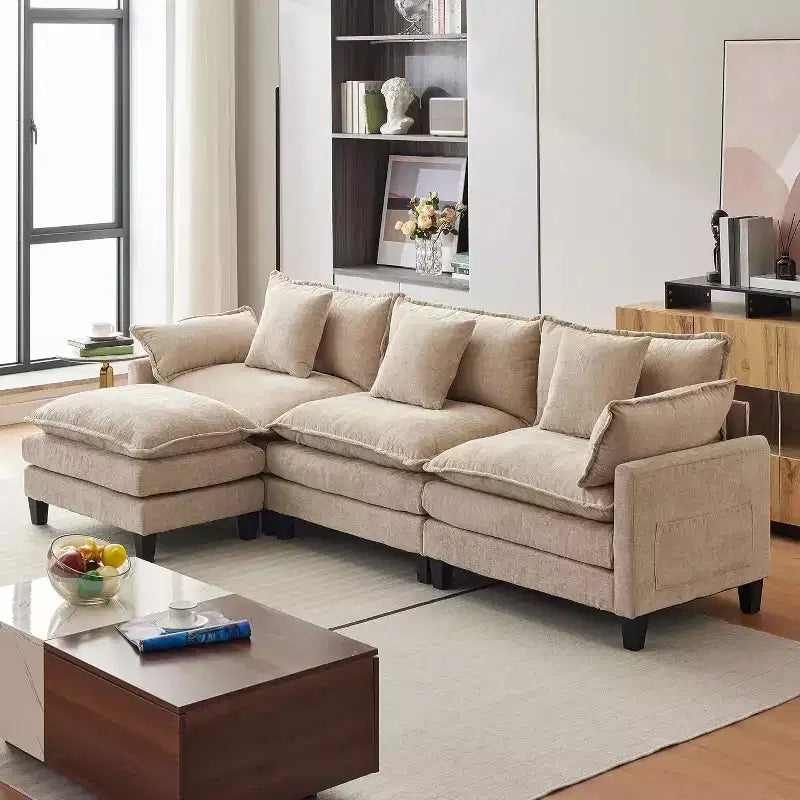 Canapé moderne modulaire en forme de L de 112 pouces, canapé nuage avec ottomane, ensemble combiné en chenille à 3 places avec 1 repose-pieds pour la maison