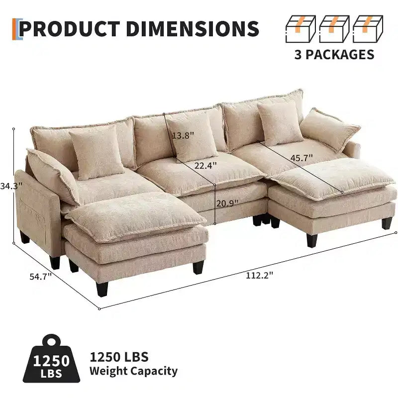 Canapé moderne modulaire en forme de L de 112 pouces, canapé nuage avec ottomane, ensemble combiné en chenille à 3 places avec 1 repose-pieds pour la maison