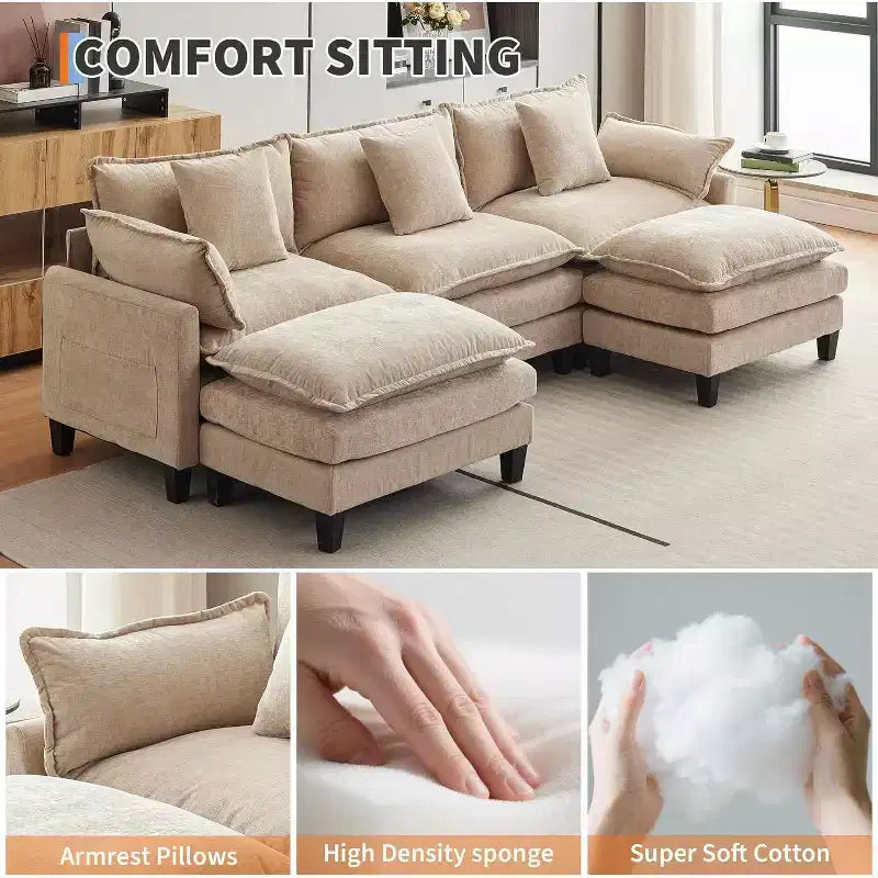 Canapé moderne modulaire en forme de L de 112 pouces, canapé nuage avec ottomane, ensemble combiné en chenille à 3 places avec 1 repose-pieds pour la maison