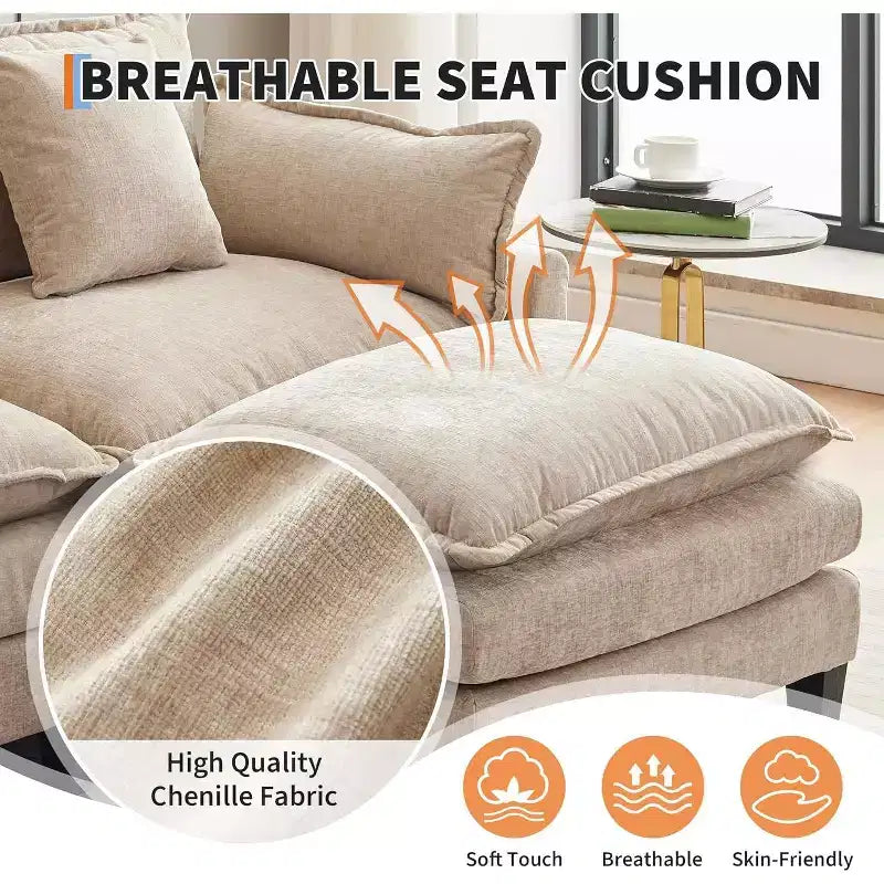 Canapé moderne modulaire en forme de L de 112 pouces, canapé nuage avec ottomane, ensemble combiné en chenille à 3 places avec 1 repose-pieds pour la maison