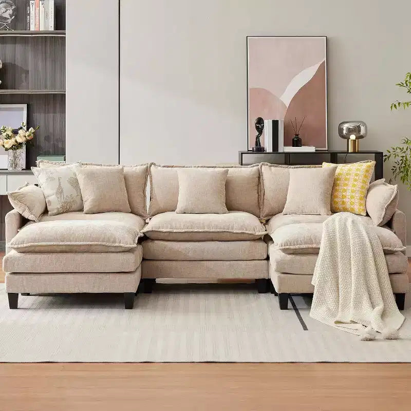 Canapé moderne modulaire en forme de L de 112 pouces, canapé nuage avec ottomane, ensemble combiné en chenille à 3 places avec 1 repose-pieds pour la maison