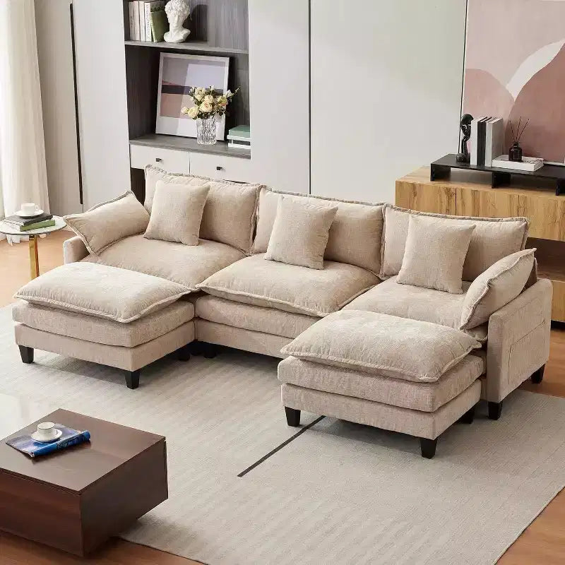 Canapé moderne modulaire en forme de L de 112 pouces, canapé nuage avec ottomane, ensemble combiné en chenille à 3 places avec 1 repose-pieds pour la maison