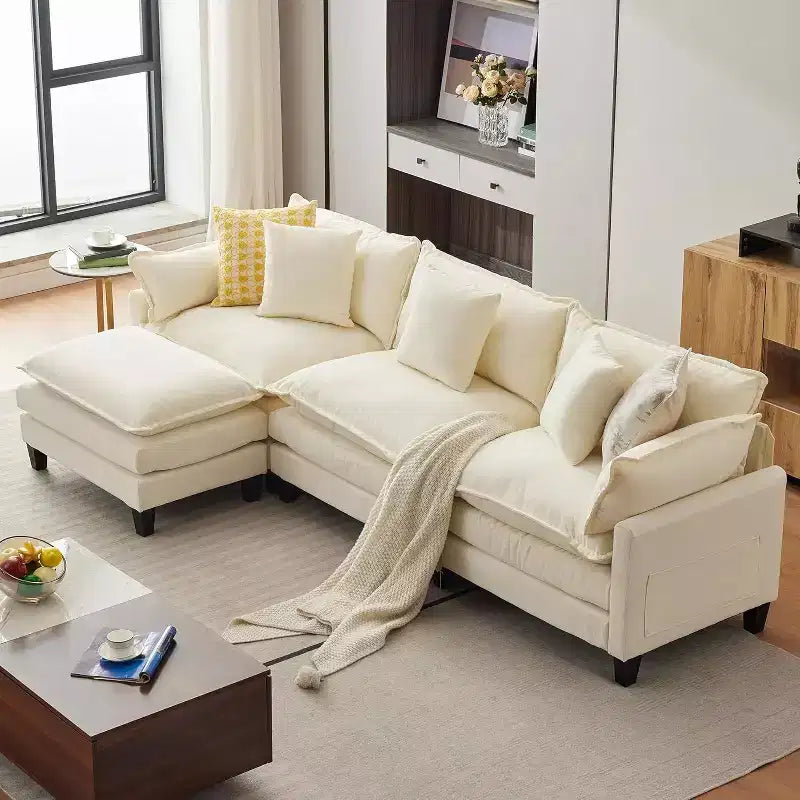 Canapé moderne modulaire en forme de L de 112 pouces, canapé nuage avec ottomane, ensemble combiné en chenille à 3 places avec 1 repose-pieds pour la maison
