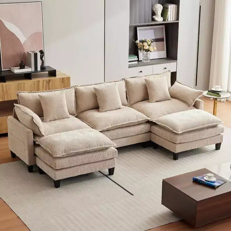 Canapé moderne modulaire en forme de L de 112 pouces, canapé nuage avec ottomane, ensemble combiné en chenille à 3 places avec 1 repose-pieds pour la maison