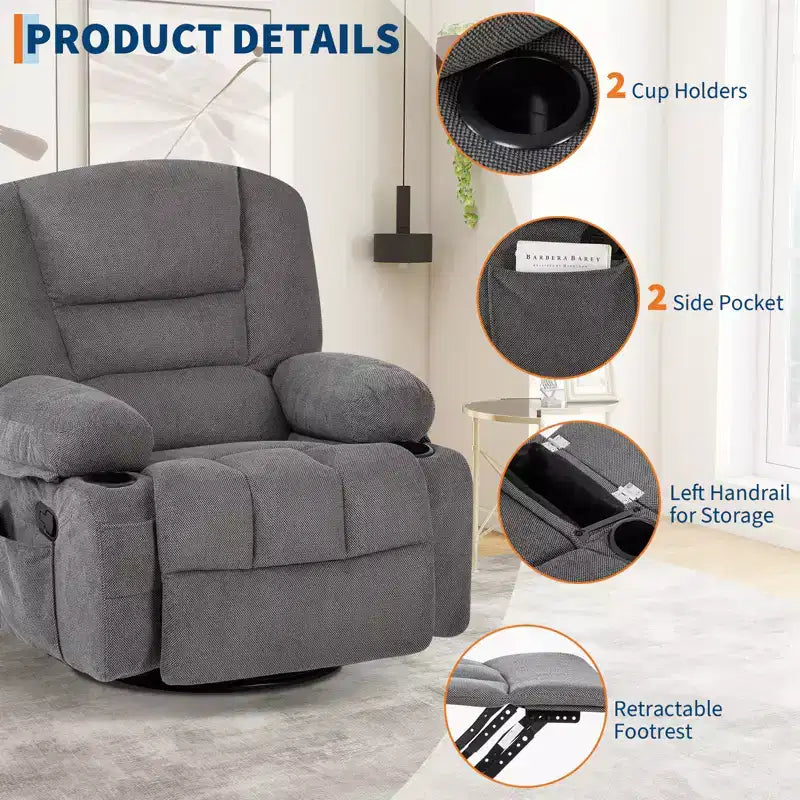 Fauteuils inclinables pivotants à 360° avec massage par vibration et chauffage, fauteuil inclinable rembourré avec accoudoir de rangement