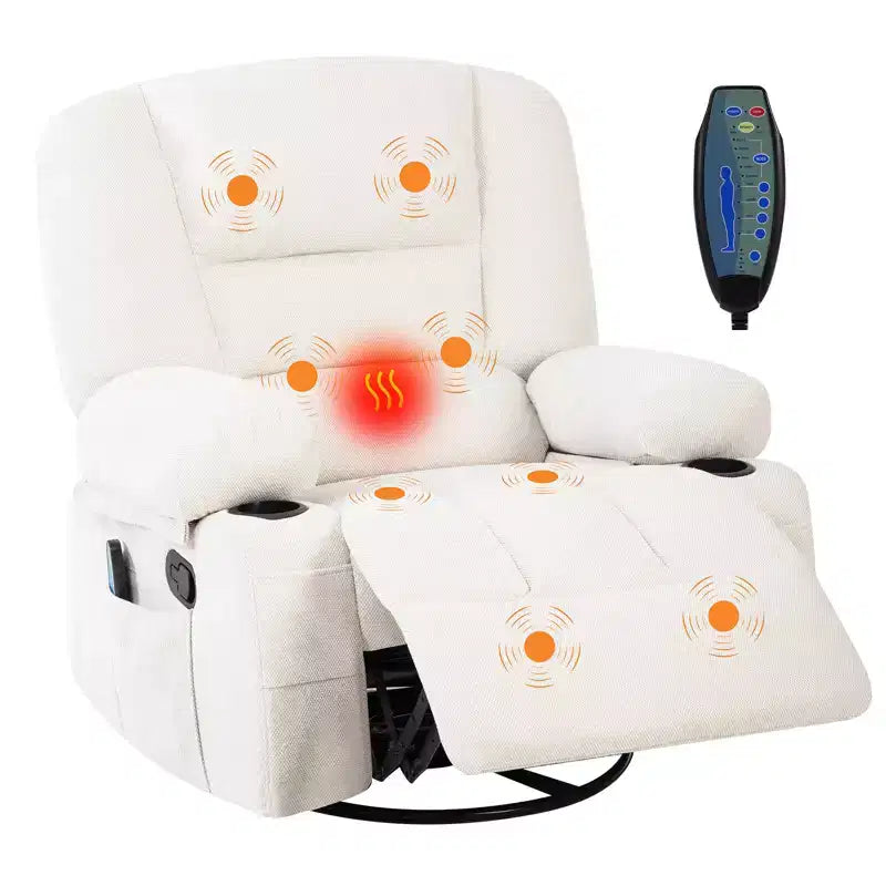 Fauteuils inclinables pivotants à 360° avec massage par vibration et chauffage, fauteuil inclinable rembourré avec accoudoir de rangement