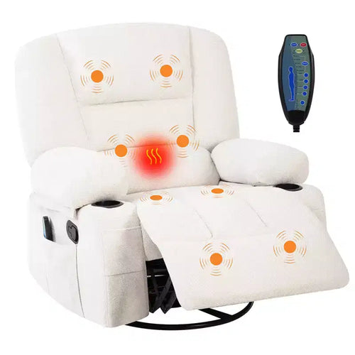 Fauteuils inclinables pivotants à 360° avec massage par vibration et chauffage, fauteuil inclinable rembourré avec accoudoir de rangement