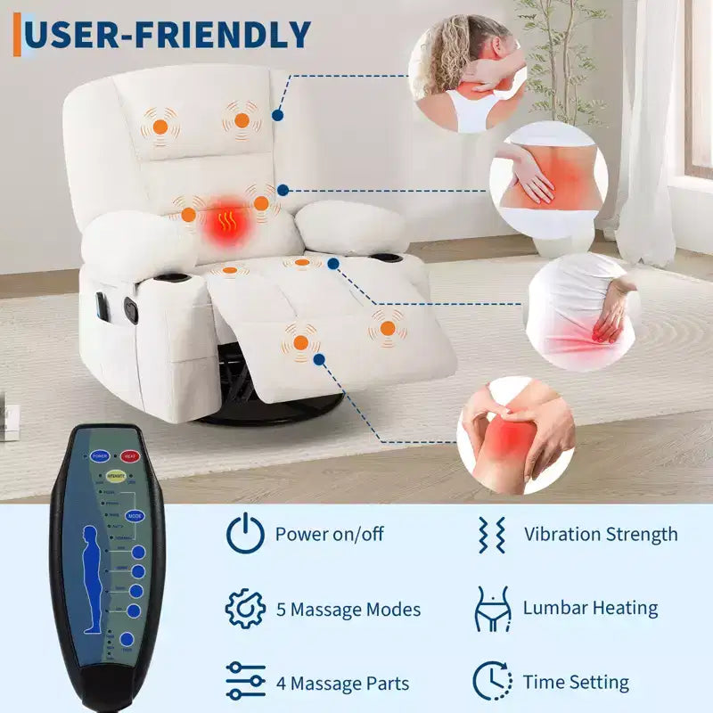 Fauteuils inclinables pivotants à 360° avec massage par vibration et chauffage, fauteuil inclinable rembourré avec accoudoir de rangement