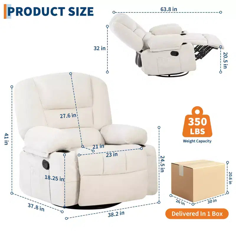 Fauteuils inclinables pivotants à 360° avec massage par vibration et chauffage, fauteuil inclinable rembourré avec accoudoir de rangement