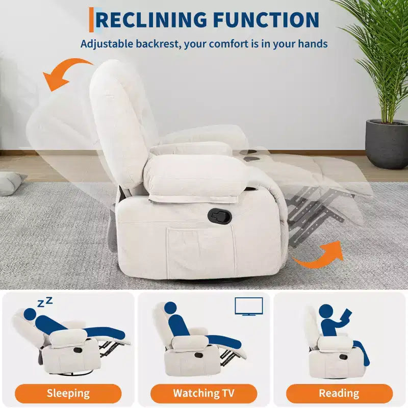 Fauteuils inclinables pivotants à 360° avec massage par vibration et chauffage, fauteuil inclinable rembourré avec accoudoir de rangement