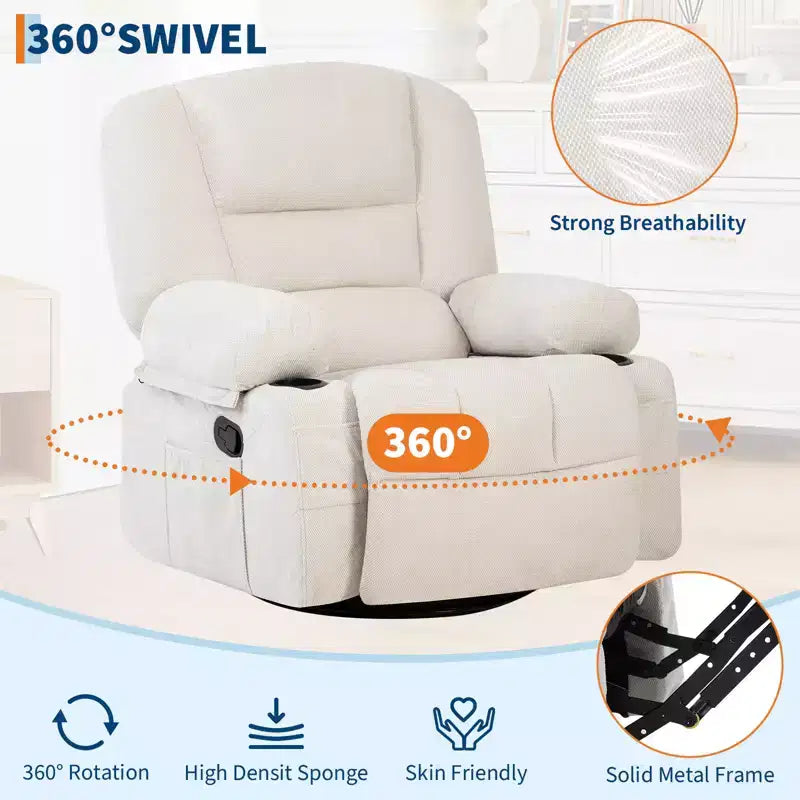 Fauteuils inclinables pivotants à 360° avec massage par vibration et chauffage, fauteuil inclinable rembourré avec accoudoir de rangement