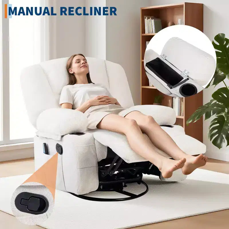 Fauteuils inclinables pivotants à 360° avec massage par vibration et chauffage, fauteuil inclinable rembourré avec accoudoir de rangement