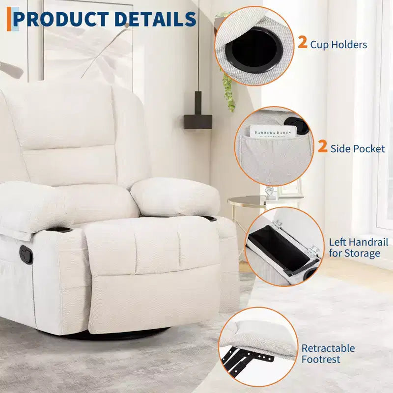 Fauteuils inclinables pivotants à 360° avec massage par vibration et chauffage, fauteuil inclinable rembourré avec accoudoir de rangement