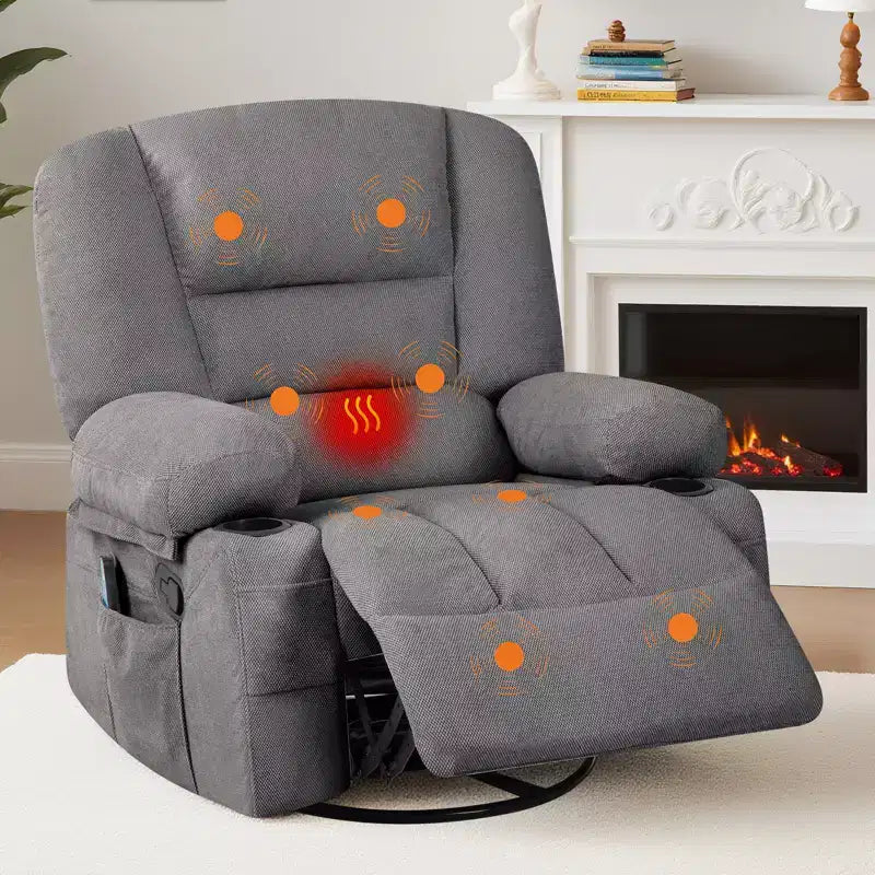 Fauteuils inclinables pivotants à 360° avec massage par vibration et chauffage, fauteuil inclinable rembourré avec accoudoir de rangement