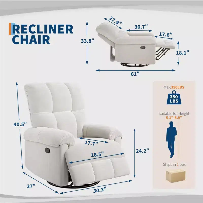 Fauteuil inclinable manuel Coolmee, inclinable et pivotant à 360 degrés avec accoudoirs rembourrés, fauteuil inclinable rembourré pour le salon
