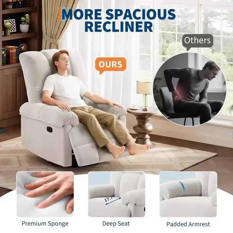 Fauteuil inclinable manuel Coolmee, inclinable et pivotant à 360 degrés avec accoudoirs rembourrés, fauteuil inclinable rembourré pour le salon
