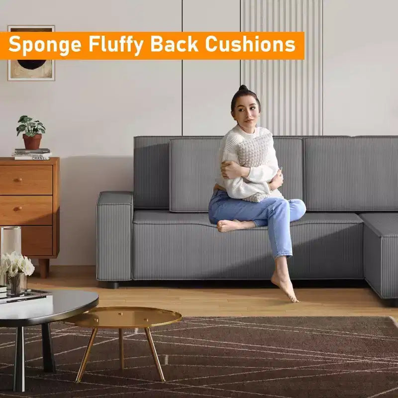 Canapé sectionnel moderne en velours côtelé à rayures L 95 avec méridienne latérale et méridienne profonde pour salon, appartement