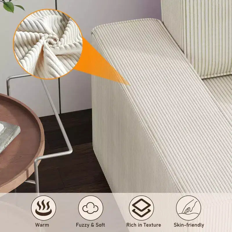 Canapé sectionnel moderne en velours côtelé à rayures L 95 avec méridienne latérale et méridienne profonde pour salon, appartement