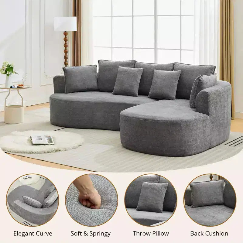 Canapé d'angle moderne et incurvé GustoWave 106 avec chaise longue, canapé-lit modulaire en tissu chenille, aucun assemblage requis